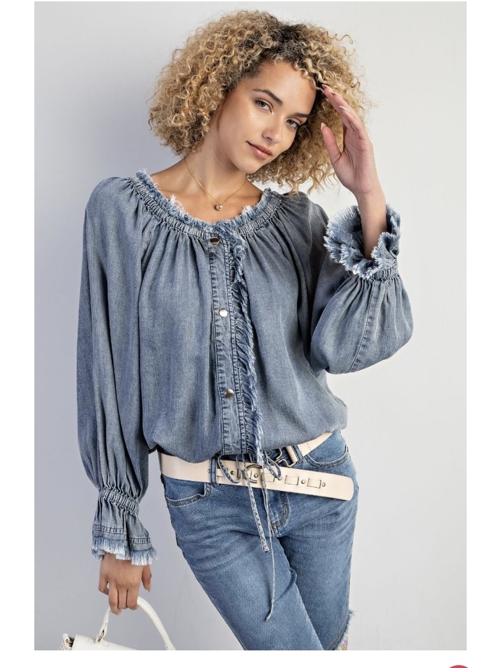 Easel Boho Denim Blouse Smocked Bell Sleeve Fringed Peasant Top Blue Size Small